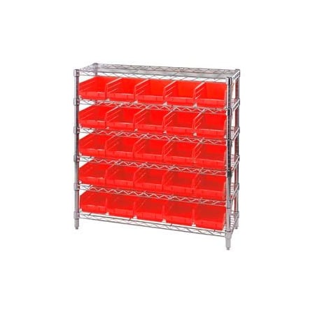 Global Industrial Chrome Wire Shelving with 25 4inH Plastic Shelf Bins Red, 36x14x36 268980RD